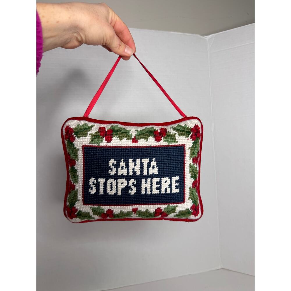 Christmas Santa Stops Here Handing Needlepoint Pillow